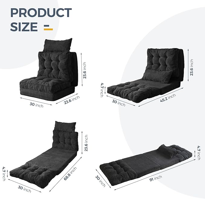 MAXYOYO Bean Bag Bed Tufted Folding Sofa Bed with Pillows Floor Mattress for Adults, Extra Thick and Long Floor Sofa, Single Couch for Bedroom Living Room, Black, 30x91 Inch