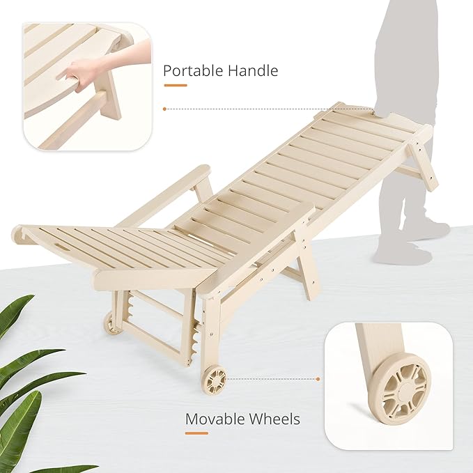 LUE BONA Outdoor Chaise Lounge Chairs Set of 2, HDPS Chaise Lounger, 5 Positions Adjustable Lounge Chairs, Pool Lounge Chair with Wheels for Poolside, Sand