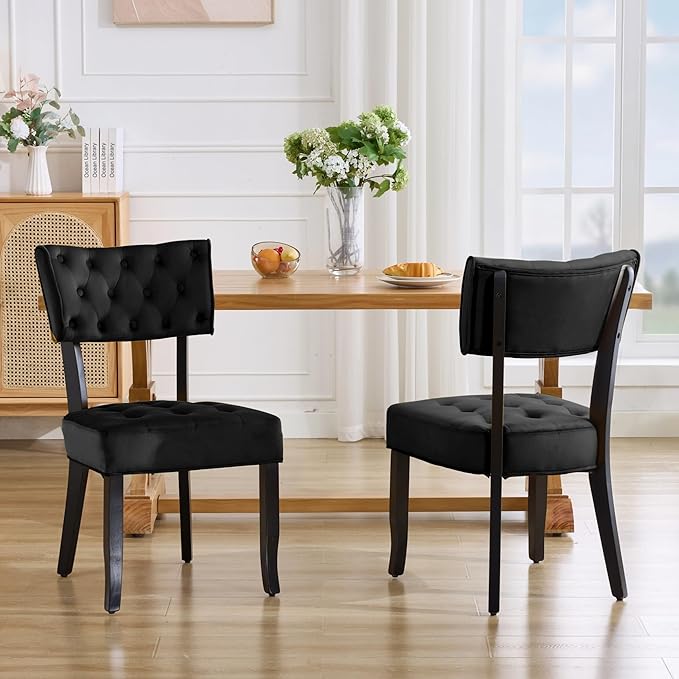 UVV Upholstered Dining Chairs Set of 2, Mid Century Modern Tufted Kitchen Chairs Dining Room Chairs, Velvet Dinner Chair with Wood Legs for Dining Room Kitchen, Black-Black Legs