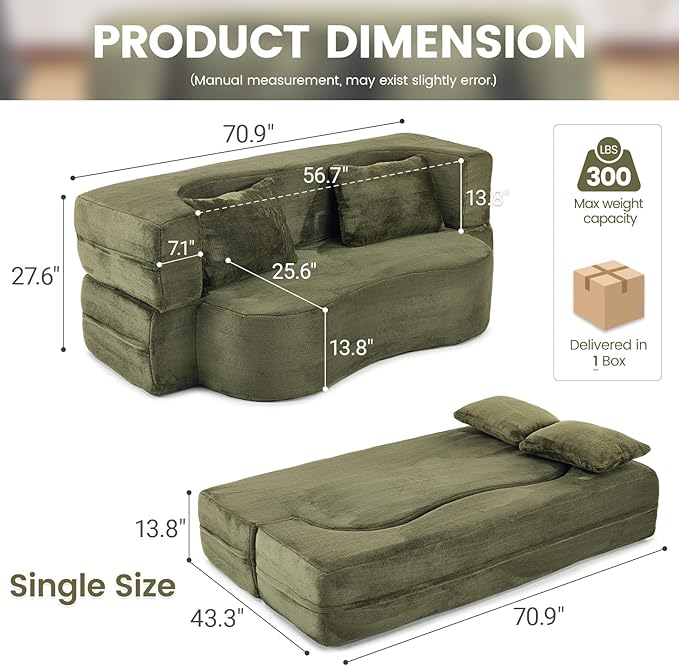 Orynveela Convertible Folding Sofa Bed, 71” Single Size Floor Sleeper Couch, Chenille Full Foam Futon Loveseat for Living Room Bedroom, No Assembly Required (Green)
