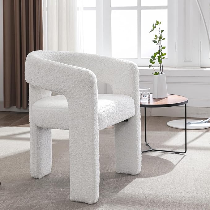 DAYALANE Modern Boucle Dining Chair, Sherpa Upholstered Accent Kitchen Chair with Arms Comfy Barrel Side Chair for Living Room/Home Office/Reception, White Fur