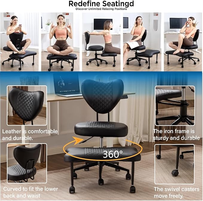 Meditation Chair with Lumbar Support, Ergonomic Floor Sitting Chair Adjustable Height, Cross Legged Chair for Office, Yoga & Mindfulness, Cushioned Seat with Wheels (Black)