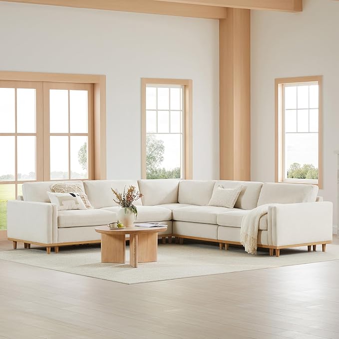 CHITA Super Large Luxury V Shape Corner Sectional Modular Sofa, Down Filled Modern Sofa, Deep Seat Comfty Cloud Couch, 114 inch Width, 5 Seat Couch with Chaise, Solid Wood Leg, Linen