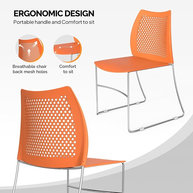 VINGLI Stacking Chairs Set of 12 Stackable Office Chairs with Metal Sled Base, Ergonomic Plastic Seat & Holes Back, Stacking Chairs for Waiting Room Break Room Banquet Guest, Orange