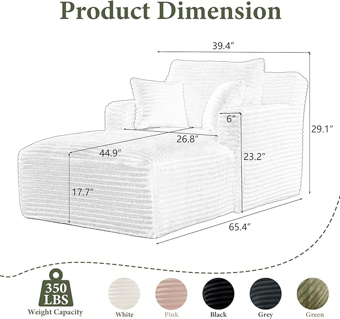 VEPXXP 65.4" Chaise Lounge Chair Indoor, Oversized Boneless Couch Comfy Upholstered Sleeper Sofa Bed with 3 Pillows, Corduroy Cloud Reading Chair for Living Room No Assembly Required, Green