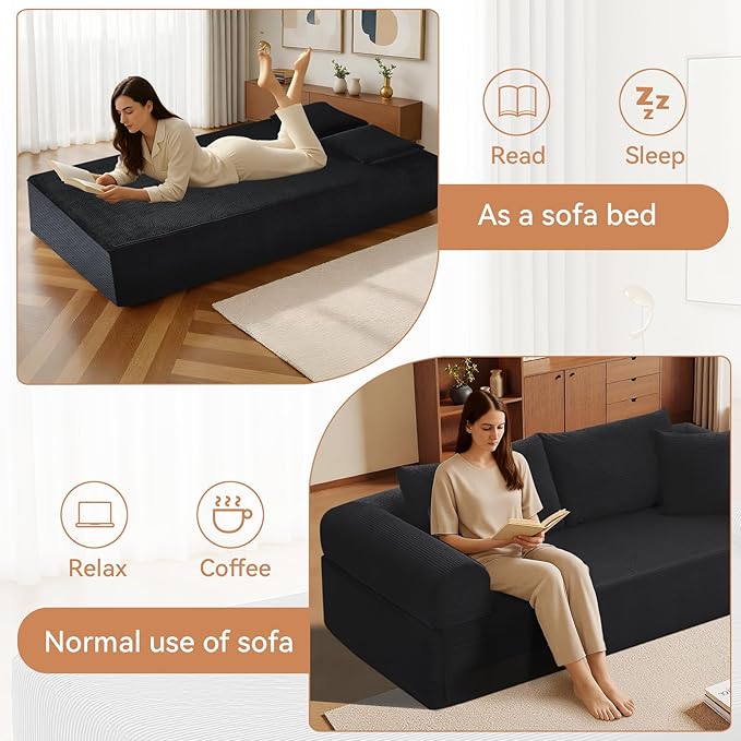 83" Sofa in a Box, 3 Seater Couch No Assembly Boneless Sofa Bed with Cushion Back 2 Matching Pillows Deep Seat Corduroy Fabric Side Storage Pockets for Living Room, Bedroom, Apartment, Office, Black