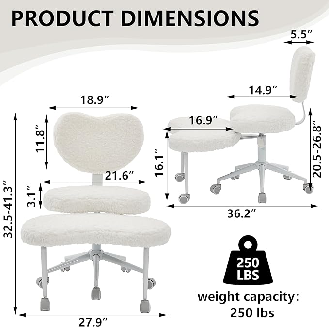 Meditation Chair with Lumbar Support,360° Swivel Cross Legged Chair with Wheels, Ergonomic Cross Legged Office Chair for Adults with ADHD, Height-Adjustable Yoga Chair, Faux Fur, Beige