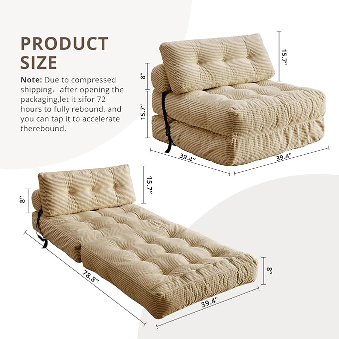 Convertible Sofa Bed & Couch Bed - Oversized Adult Sleeper Chair & Bean Bag Chair, Foldable Floor Bed with Backrest, Comfortable Lazy Sofa for Bedroom, Living Room & Dorm