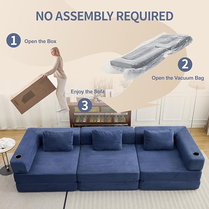 118" Oversized Convertible Floor Sofa Bed, Boneless Foldable Mattress Cloud Couch with Pillow Back & Armrest, Fold Out Floor Couch with Cup Holder for Living Room Bedroom Lounge, Corduroy, Navy Blue