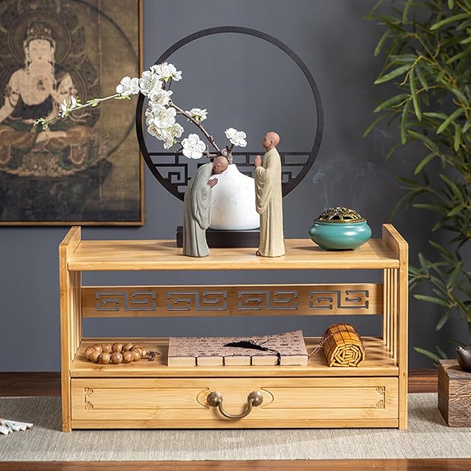 Low 3-Tier Meditation Table with Drawer,Bamboo Altar Tables,Puja Desks,Tatami Desk,20.4”W,Wood Color