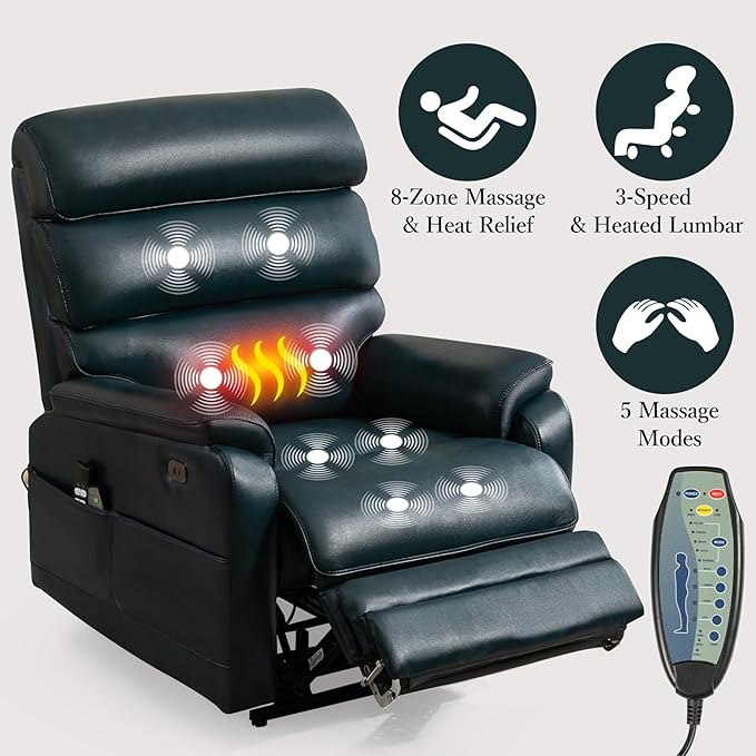 Power Lift Recliner Chair, Big Tall Man Lay Flat Ergonomic Lounge with Extended Footrest for Elderly People, Single Sofa Heat & Massage. Home Theater Seat, USB&Type-C Port (PU Leather, Blue)
