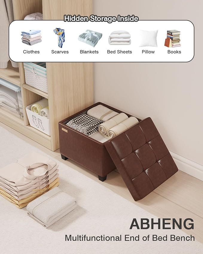 ABHENG 17.7 inches Synthetic Leather turfed Ottomans Cube with Storage, Metal-Framed Square Storage Ottoman Foot Rest Stool Holds 770 LB for Dorm Living Room Bedroom Brown UASND63R