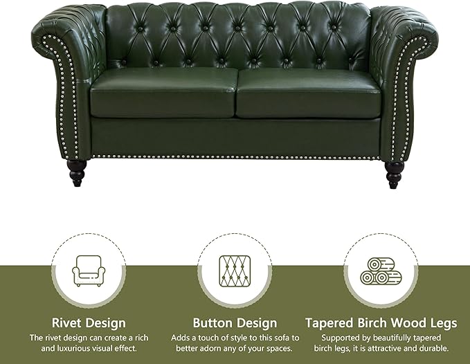QHITTY Accent Sofa, Chesterfield Loveseat Modern Leather Couch Upholstered Sofa with Tufted Back for Living Room Furniture (Green)