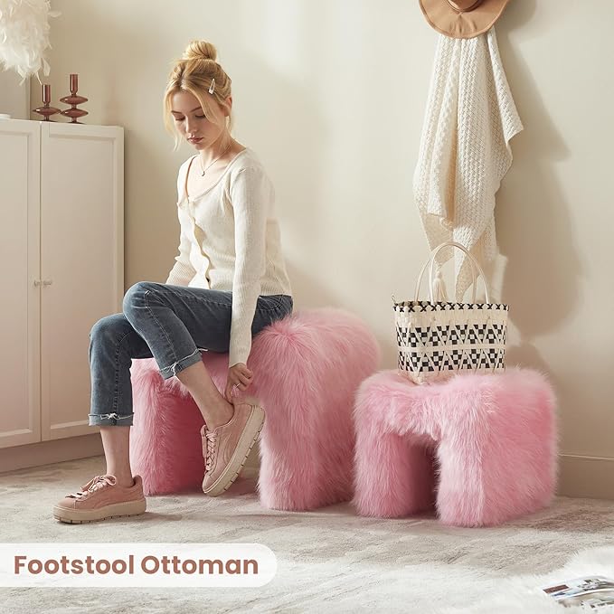 Ottoman Set of 2 Small Footstool Ottoman Vanity Stool Chair Faux Fur Seating Backless Modern Foot Rest Furry for Makeup Room Living Room Bedroom Entryway,Pink(2-in-1)