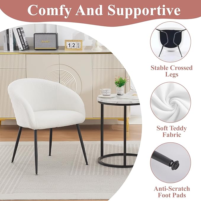 Modern Small Accent Chair Set of 2, Comfy Sherpa Makeup Vanity Chair with Metal Legs, Decorative Chair no Wheels for Living Room, Dressing Room, Bedroom, White