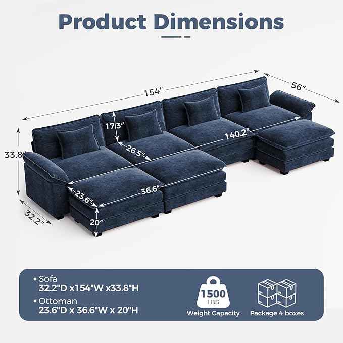 CDCASA 154" Oversized Modular Sectional Sofa, Comfy U-Shaped Cloud Couch w/ 3 Movable Ottoman, 7-Seater Chenille Deep Seat Modern Sofa Couch for Living Room, DIY Combination, Blue