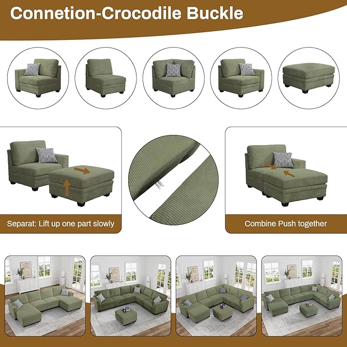 Legend Vansen Oversized Modular Sectional Sofa,6 Seat U Shaped Couch with Ottoman,Corduroy Sofa with Deep Seat,Convertible Large Sectional Couches for Living Room (Olive, L2+3)