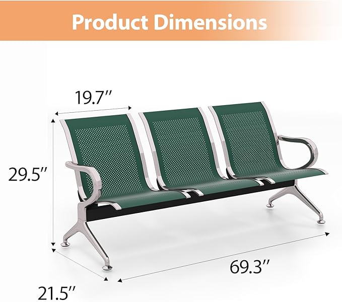 Kinfant 3-Seat Waiting Room Chair - Office Guest Reception Chairs with Ergonomic Backrests, Airport Waiting Bench with Armrests, Metal Waiting Furniture for Hospital, Bank (Dark Green, Set of 4)