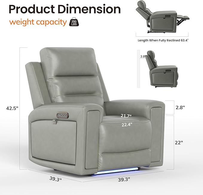 COLAMY Aura Triple Motors Power Recliner Chairs with USB and Type C Port, Home Theater Chair with LED Lights, Electric Wall Hugger Recliner for Living Room, Grey