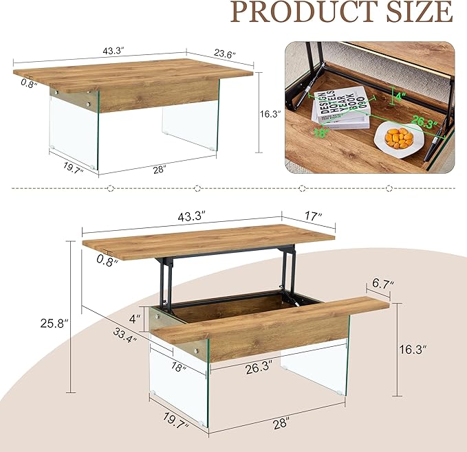 HanStrong 43.3" Lift-Top Coffee Table with Storage,Marble & Tempered Glass Space-Saving for Living Room,Office,Natural