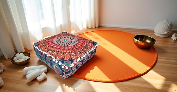 CRAFT KALA Large Hippie Mandala Meditation Floor Ottoman Pillow Cushion Pouf Cover Square Poufs Bohemian Circle Floor Cushion Case Outdoor Fireplace Yoga Living Room Decor Cover Orange, 16" Square