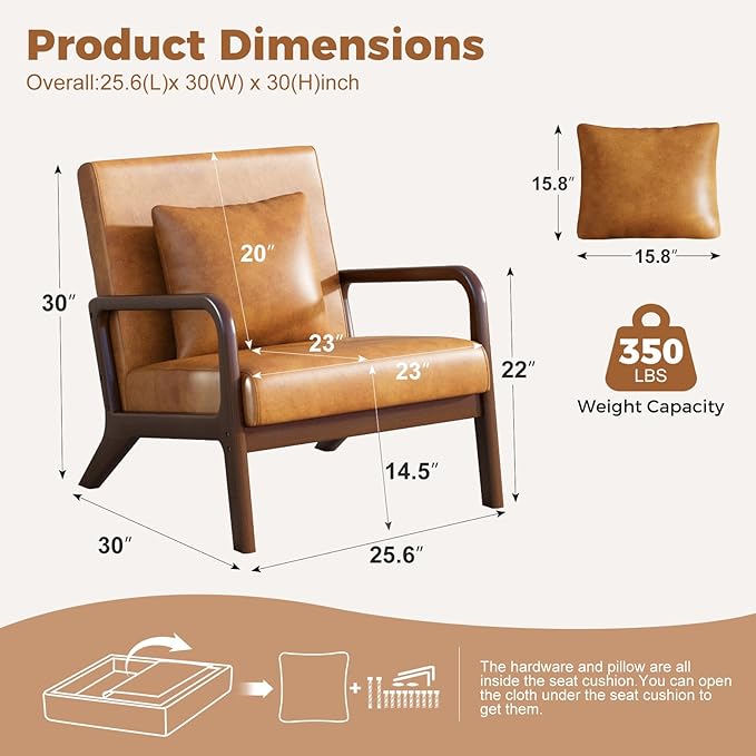 ELUCHANG Mid-Century Modern Chair,Upholstered Accent Chair Reading Arm Chair with Cushion & Lumbar Pillow & Solid Wood Frame for Lounge, Living Room, Bedroom, Office, Brown-PU Leather