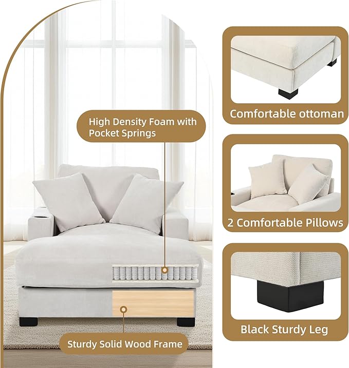 Oversized 60" Chaise Lounge Sofa, Chaise Lounge Recliner with Adjustable Backrest, Built-in Cup Holder USB and Type-C Port, 2 Pillows, Sleeper Couch with Deep Seat for Living Room, Bedroom, Beige