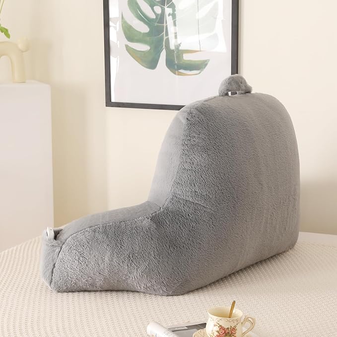 PAJEO Reading Pillow for Sitting in Bed, Large Backrest Reading Pillow with Arm Rest,Back-Rest Support Cushion for Sit Up on Couch, Sofa, and Floor, Dorm Essentials (Gray Faux Fur, Large(19"))