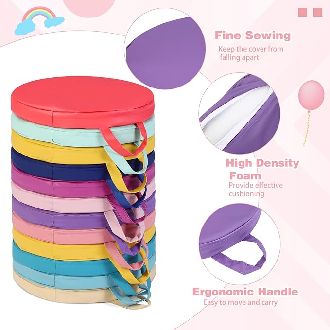 Huwena 24 Pack Floor Cushions 12x12inch Classroom Floor Seating Pillows Bulk Kids Flexible Cushion with Handles for Home School Kindergarten Daycare Nursery(Vivid Color,Round)