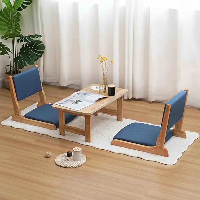 Japanese Floor Chair with Back Support, Foldable Meditation Chair, Legless Tatami Chair with Cushion, Floor Seat for Living Room, Bedroom, Bay Window (1, Blue)