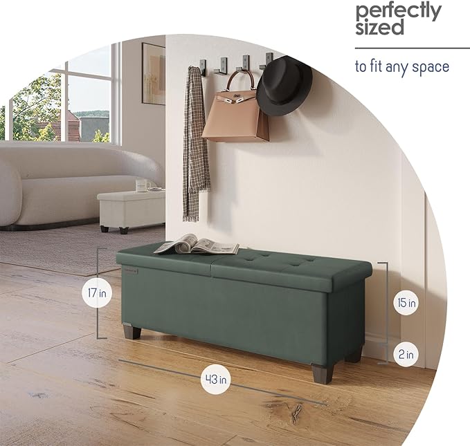 Storage Ottoman Bench with Bins, 43-in Storage Bench for Bedroom End of Bed, Folding Foot Rest Ottoman for Living Room Max 660lbs, Faux Leather Ottomans, Green