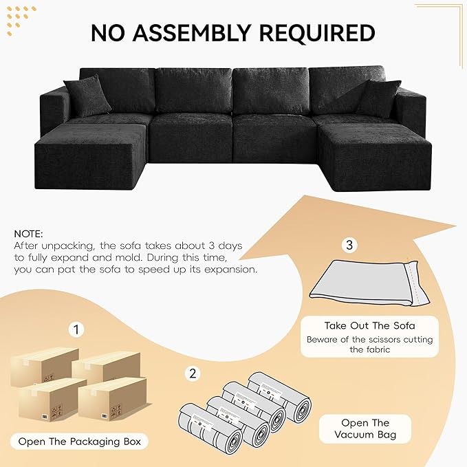 146'' Oversized Boneless Sofa, 4 Seater Modular Sectional Couch with 2 Moveable Ottoman, U Shaped Chenille Convertible Sleeper Sofa with Chaise for Living Room, Black