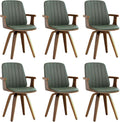 WUPOTO MCM Dining Chairs, Set of 6 Mid Century Modern Chairs with Walnut Craftsmanship, Upholstered Faux Leather, Wooden Arms and Legs, Faux Leather Dining Chairs for Kitchen/Living Room - Green