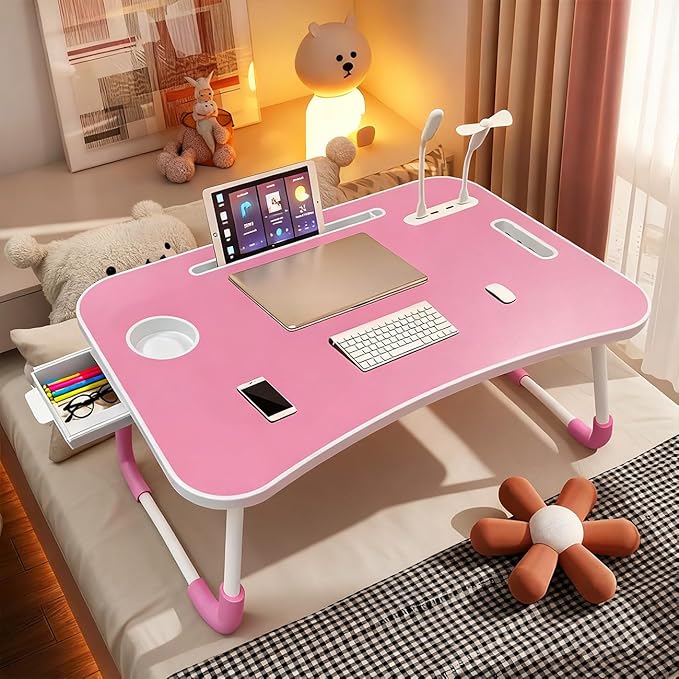 Portable Laptop Desk, Pink Foldable Bed Table with Cup Holder, LED Lights, Storage Drawer, Multi-Purpose Workstation for Working, Reading, Entertainment