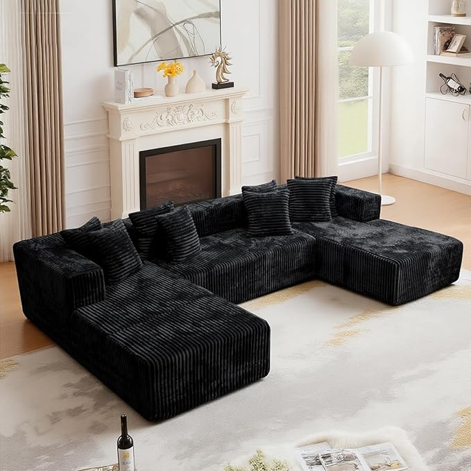 130'' U Shaped Couched for Living Room, Cloud Modular Sectional Couch with 2 Chaise Lounge, Modern Minimalist Upholstered Sofa Sleeper Deep Seat Corner Couch, No Assembly Required Black