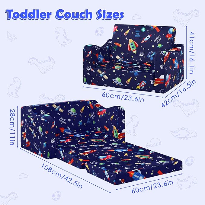 alldomess Comfy Kids Couch, 2-in-1 Folding Kids Sofa Bed for Toddler Boys, Convertible Sofa to Lounger Toddler Couch Chair for Baby Bedroom Playroom Nursery,Rockets