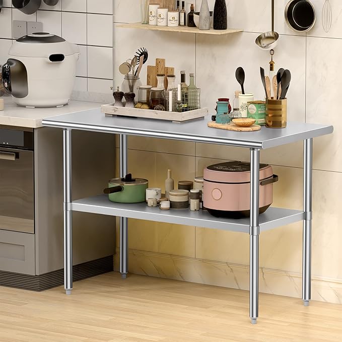 Atronor Stainless Steel Table for Prep & Work, 30x60 Inches, NSF Metal Commercial Heavy Duty Table with Adjustable Under Shelf and Foot for Restaurant, Home and Hotel