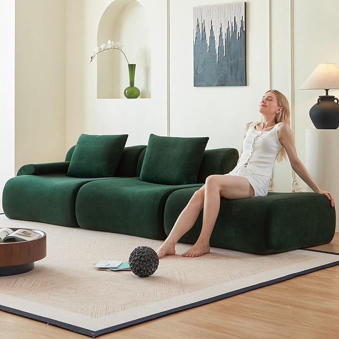 Boneless Couch for Living Room-114 Green Cloud Couch with Movable Ottoman,L-Shaped Comfy Sofa for Bedroom,No Assembly Required,Low -Profile Sofa