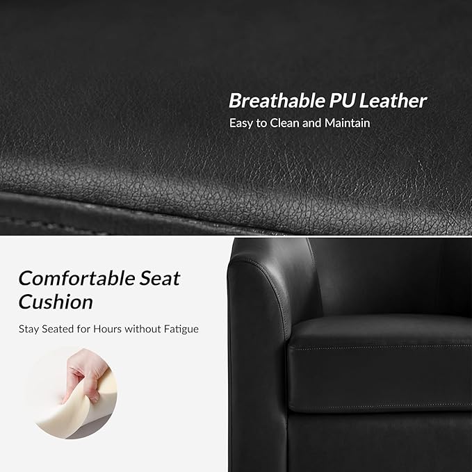 HULALA HOME Faux Leather Swivel Accent Chairs Set of 2 with Solid Wood Base, Round Swivel Barrel Chairs for Living Room and Bedroom, Black