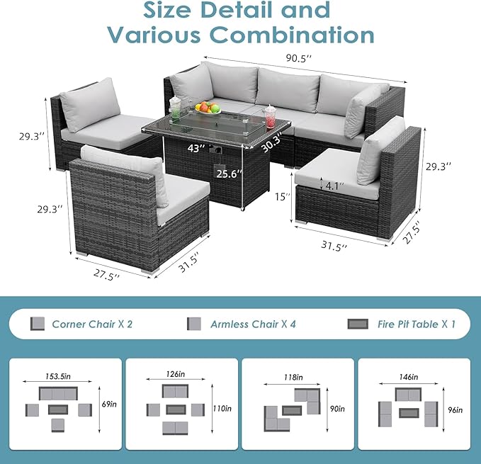 RADIATA 7 Piece Wicker Patio Furniture Set with Fire Pit, All-Weather Outdoor Sectional Couch High Back Large Size, Modular Backyard Seating Sofa Set with Propane/Natural Gas Firepit Table, Light Grey