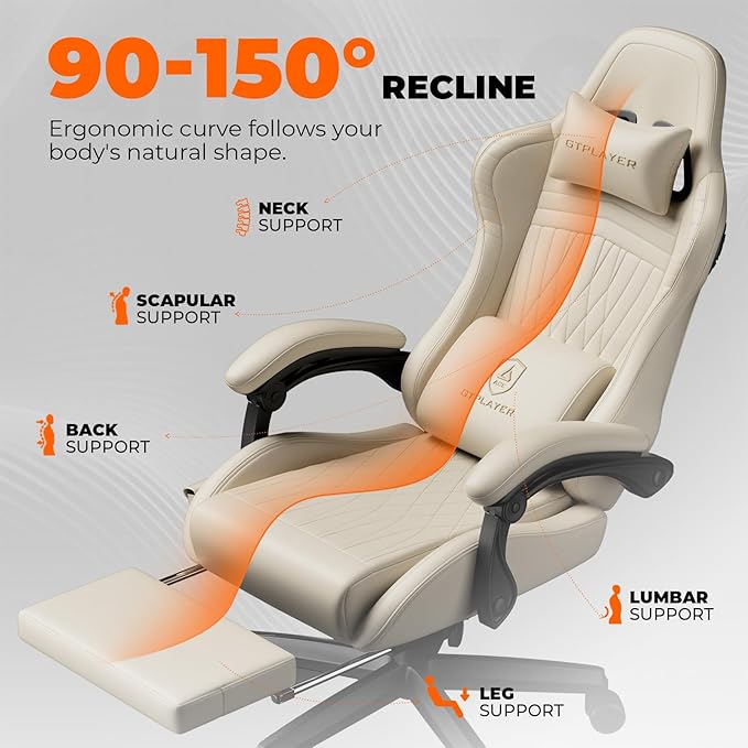 GTPLAYER Gaming Chair with Speakers, Video Game Chairs with Footrest, PC Game Chairs for Adults - Padded High Back Ergonomic Reclining Silla Game, Linkage Armrest, Ace Pro, Cream