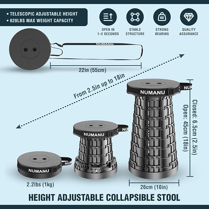 NUMANU 2025 Upgraded Collapsible Stool & 3IN1 Cushioned Carry Bag, 2.5"-18" Height Adjustable Max 620lbs, Portable Retractable Telescoping Seat, Foldable Camping Stool or Footrest for Adults (Round)