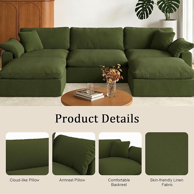 Forest aesthetics 211.6" Cloud Modular Sectional Sofa,Green Down Filled Sofa 5 Seat,Minimalist Sofa Cover Washable and Replaceable Couches for Living Room,Sectional Sofa Deep Seat