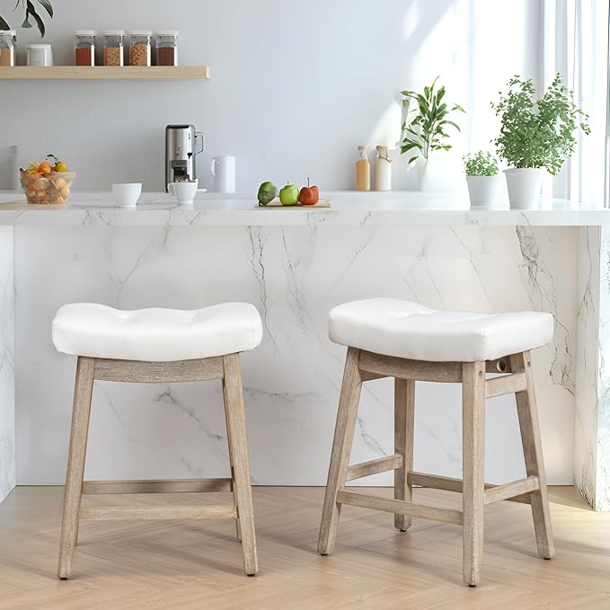 RNKSFX Counter Height Bar Stools Set of 2 for Kitchen Counter, Wooden Backless Island Barstools Farmhouse Modern Short Stools No Back with Faux Leather Saddle Seat 24 inch Counter Top Chairs, White