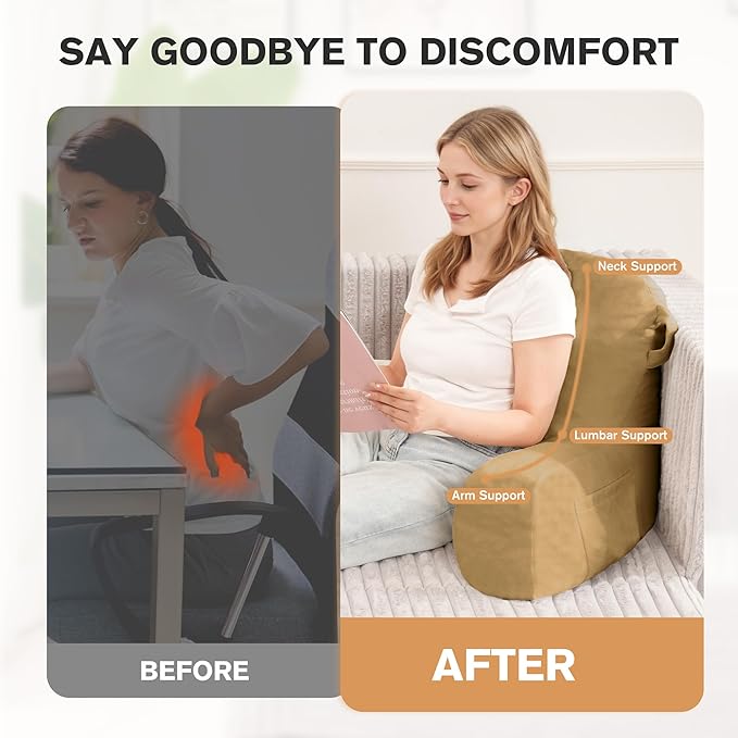 Unisakey Portable Comfy Reading Pillows for Bed Sitting Up(Camel Oeko-Tex), Velvet Back Pillow with Arms & Pockets for Adults, Support Memory Foam Bed Pillow for Dorm/Reading/Watching/Gaming