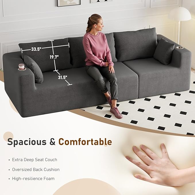 Furnimart 112" U Shaped Modular Sectional Sofa with 2 Ottomans, Boneless Cloud Couch with Chaise for Living Room, Modern Deep Seat Lounge Sleeper Couch Bed, No Assembly, Corduroy Dark Grey