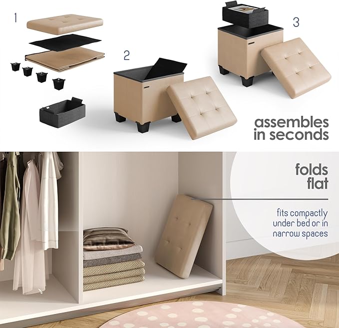 Storage Ottoman Cube with Small Bin, 16-in Square Ottoman with Storage for Living Room and Bedroom, Small Ottomans Foot Rest, Faux Leather Foot Stools Ottomans Max 330lbs, Taupe
