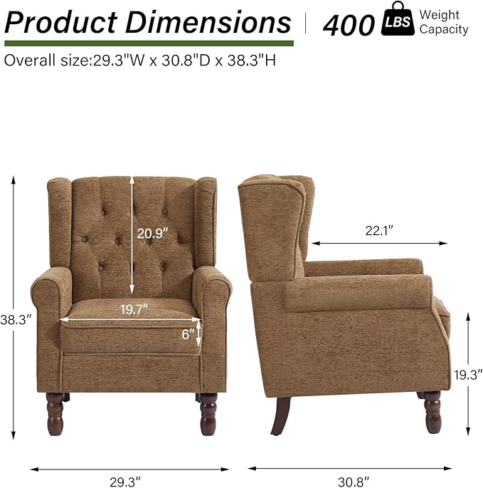 DREAMSIDEA Accent Chair, Upholstered Armchair with Button Tufted High Back & Solid Wood Legs, Comfy Wingback Reading Single Sofa Chair for Small Spaces, Living Room, Bedroom (Brown, Set of 2)