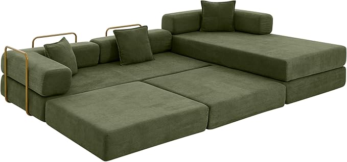 108" Convertible Sleeper Sofa Bed, Corduroy Folding Sofa Bed with Fixed-Shape Frame, Fold Out Floor Mattress Couch, Lazy Compression Sofas for Living Room, Bedroom, No Assembly Required,Green