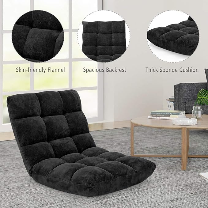 GOFLAME 14-Position Folding Floor Chair, Padded Gaming Lazy Sofa Chair with Adjustable Backrest, Couch Recliner, Sleeper Bed Lounge Chair for Reading, Gaming, Meditating (Black)